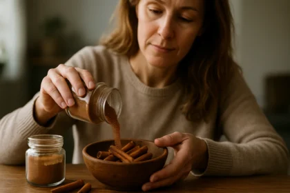 Žena posýpajúca škoricu do misky z dreva na stole