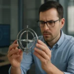 Muž skúma gyroskop v laboratóriu s modernými technológiami.