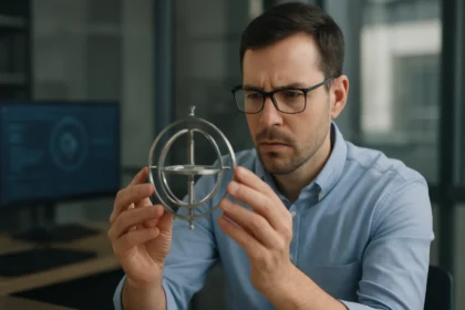 Muž skúma gyroskop v laboratóriu s modernými technológiami.