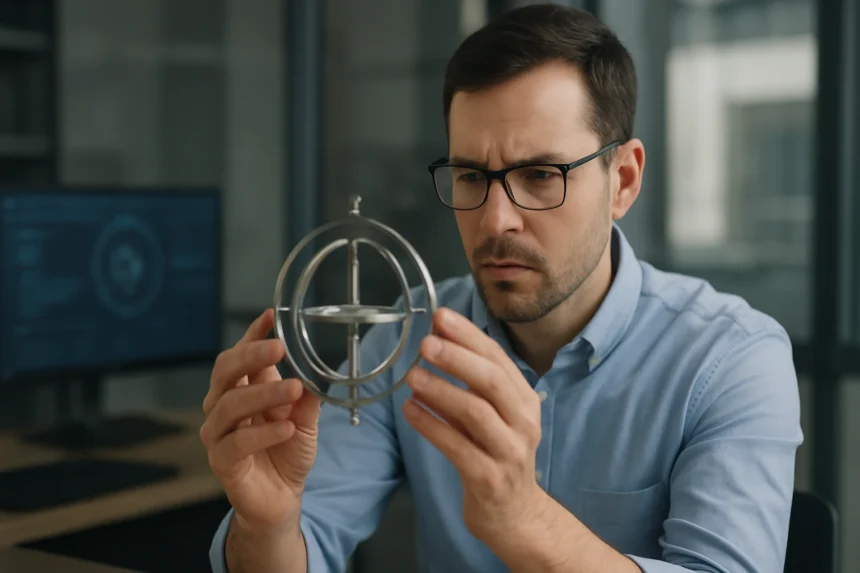 Muž skúma gyroskop v laboratóriu s modernými technológiami.