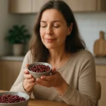 Žena vychutnávajúca červenú fazuľu v kuchyni