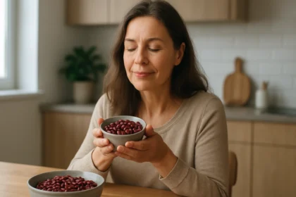 Žena vychutnávajúca červenú fazuľu v kuchyni