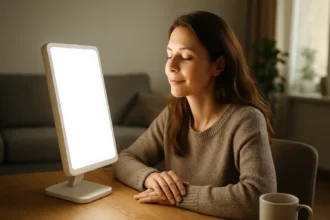 Žena relaxuje pri svetelnej lampe, užíva si pohodu a zlepšuje náladu.