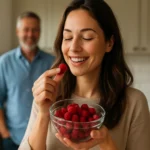 Žena sa usmieva a vychutnáva si maliny v kuchyni