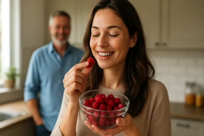 Žena sa usmieva a vychutnáva si maliny v kuchyni
