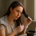 Žena farbí si vlasy doma šetrným spôsobom.