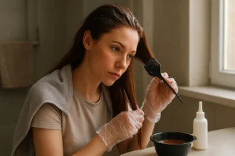 Žena farbí si vlasy doma šetrným spôsobom.