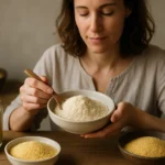 Žena s miskou proso múky a usmievajúca sa na zdravú stravu.