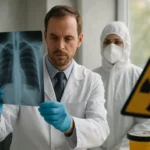 Lékař hodnotí rentgen plic v prostředí s rádioaktívními signály.