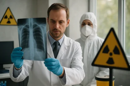 Lékař hodnotí rentgen plic v prostředí s rádioaktívními signály.