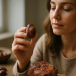 Žena skúma minerál mokait, farebný jaspis.