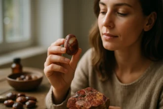 Žena skúma minerál mokait, farebný jaspis.
