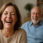 Žena sa smeje s radosťou, zatiaľ čo muž v pozadí sa tiež usmieva.