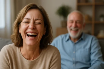 Žena sa smeje s radosťou, zatiaľ čo muž v pozadí sa tiež usmieva.