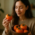 Žena s tomelom v ruke a miskou tomelov na stole