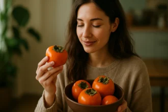 Žena s tomelom v ruke a miskou tomelov na stole