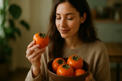 Žena s tomelom v ruke a miskou tomelov na stole