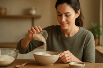 Žena pridáva droždie do misy pri varení