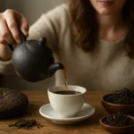 Žena nalieva pu-erh čaj do šálky z tepaného čajníka