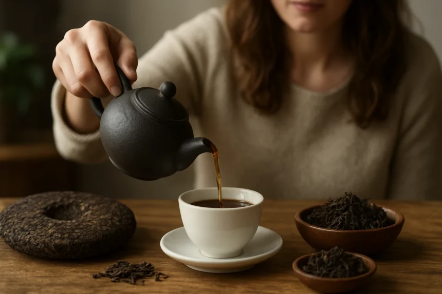 Žena nalieva pu-erh čaj do šálky z tepaného čajníka