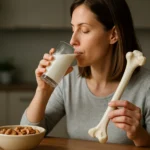 Žena pije mlieko a drží kost podčiarkujúca význam vápnika pre zdravie kostí.