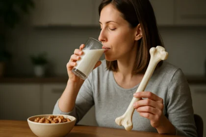 Žena pije mlieko a drží kost podčiarkujúca význam vápnika pre zdravie kostí.