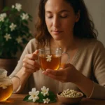 Žena vychutnávajúca jazmínový čaj s kvetinou na šálke.