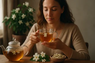 Žena vychutnávajúca jazmínový čaj s kvetinou na šálke.