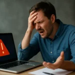 Muž frustrovaný pred laptopom s chybovou hláškou na obrazovke.