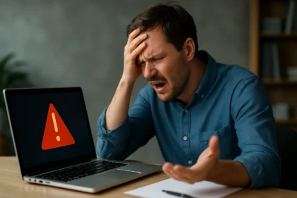 Muž frustrovaný pred laptopom s chybovou hláškou na obrazovke.