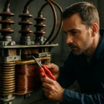 Technik pracujúci na transformátore, detailné zobrazenie cievok a komponentov.