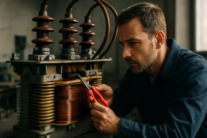 Technik pracujúci na transformátore, detailné zobrazenie cievok a komponentov.