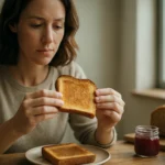 Žena hodnotí opečený chlieb na tanieriku v útulnej kuchyni