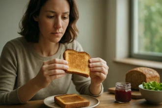 Žena hodnotí opečený chlieb na tanieriku v útulnej kuchyni
