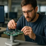 Muž pracuje na elektronickej doske s balansérom v modernom laboratóriu.