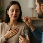 Žena zrelaxuje a pripravuje sa na užitie glycínu na zlepšenie zdravia.