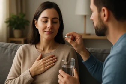 Žena zrelaxuje a pripravuje sa na užitie glycínu na zlepšenie zdravia.