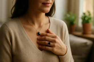 Žena nosí čierny spinel ako moderný šperk pre ochranu a vitalitu.