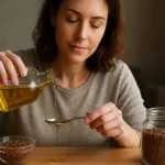 Žena nalievajúca ľanový olej do lyžičky s ľanovými semienkami na stole.