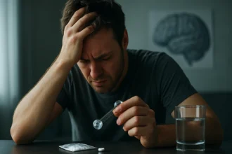 Muž s úzkosťou, skúma amfetamín a jeho vplyv na mozog.