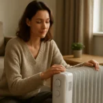 Žena nastavujúca olejový radiátor v útulnom interiéri