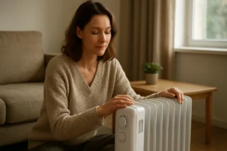 Žena nastavujúca olejový radiátor v útulnom interiéri