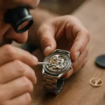 Oprava automatických hodiniek s mikroskopom na detalizovanie mechanizmu.