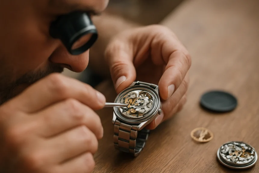 Oprava automatických hodiniek s mikroskopom na detalizovanie mechanizmu.