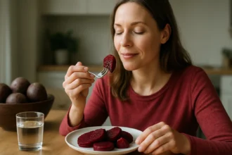 Žena vychutnáva cviklu ako zdravý spôsob stravovania.