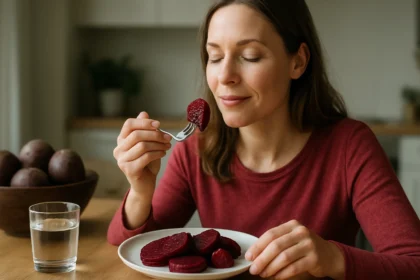 Žena vychutnáva cviklu ako zdravý spôsob stravovania.