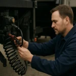 Mechanik kontroluje vzduchové brzdy prívesu na ceste.