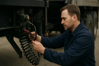 Mechanik kontroluje vzduchové brzdy prívesu na ceste.