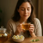 Žena vychutnáva harmančekový čaj pre pohodu a zdravie.