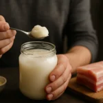 Človek berie lyžicu bravčovej masti z pohára.